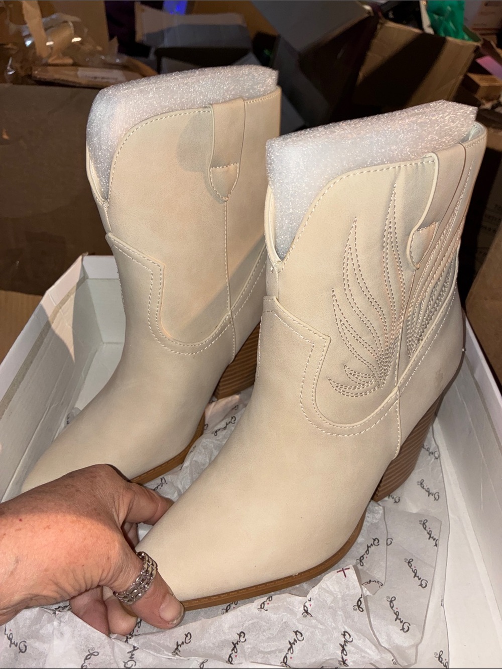Qupid Cream Western-Inspired Ankle Booties